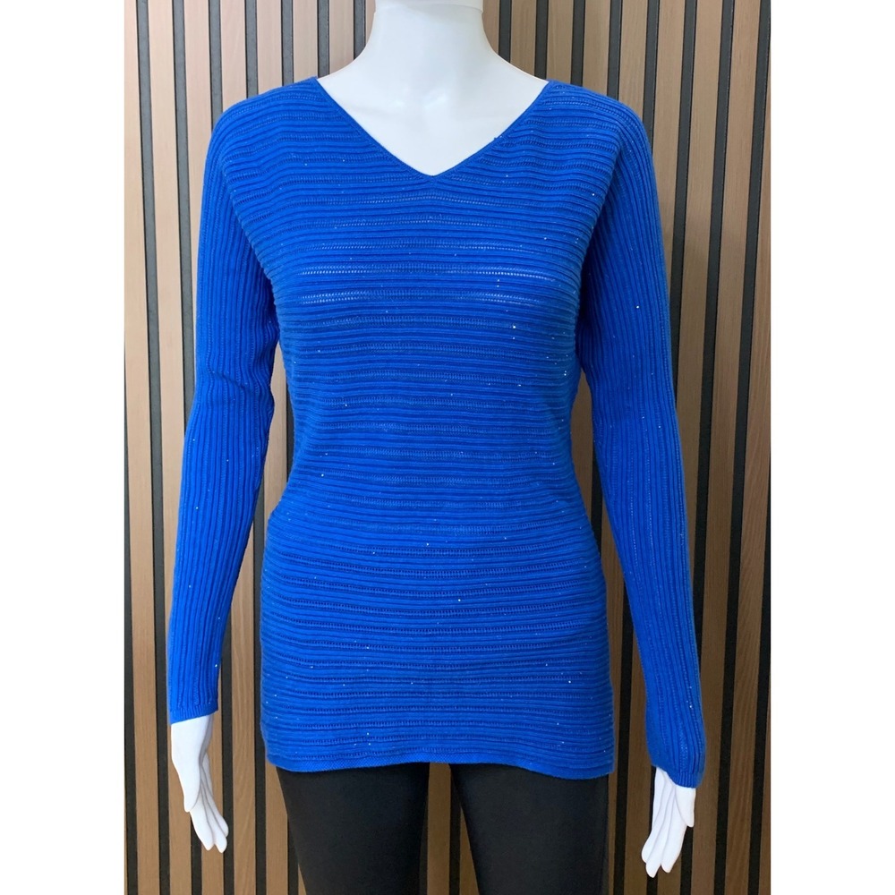 Tommy Bahama Women's XXS Royal Blue V-Neck Shimmer Ribbed Long Sleeve Sweater